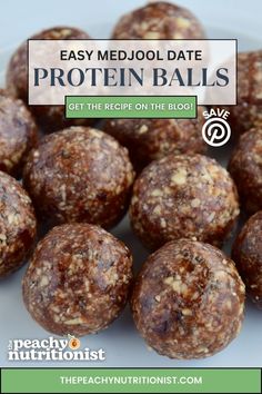 a pile of protein balls sitting on top of a white plate with the words easy medjool date protein balls