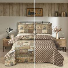 two pictures of a bed with brown and white bedspreads, one has a bear on it