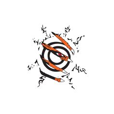 an orange and black logo with arrows coming out of the center, on a white background