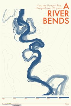 a river bends poster with blue and orange lines on it's back side, in the