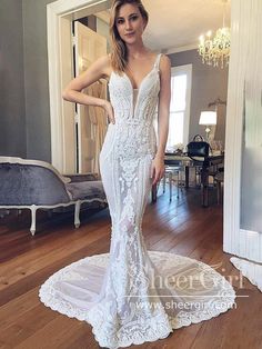 Gorgeous Corded Lace V Neckline Mermaid Wedding Dress with Chanpel Train AWD1813-SheerGirl Court Train Wedding Dress, White Mermaid, Wedding Dress Train, Backless Wedding, Corded Lace, Backless Wedding Dress, Long Wedding Dresses, Lace Wedding Dress, White Wedding Dresses