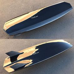 two pictures of a surfboard on the ground, one with gold and black paint