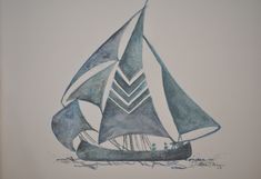 a drawing of a sailboat with sails on the water, in blue and white