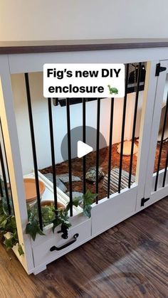 a dog is in its cage with the words fig's new diy enclosure