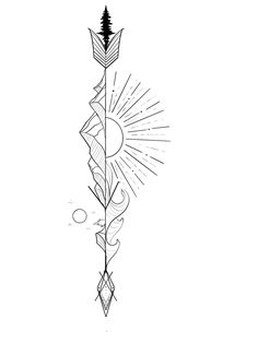 a black and white drawing of an arrow with the sun in the sky behind it