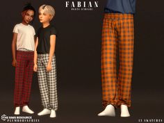 three children standing next to each other wearing plaid pants