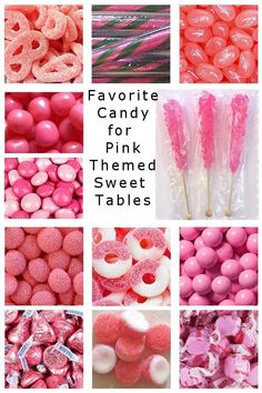 pink and red candy candies are shown in this collage