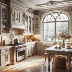 an ornate kitchen with white cabinets and marble counter tops