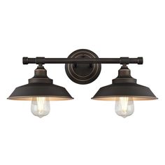 two light bathroom vanity fixture with an antique style finish and black metal fixtures, one bulb is