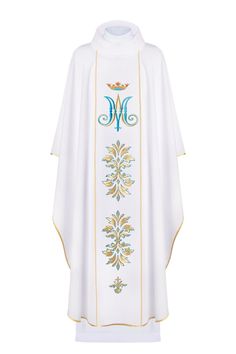 Marian Chasuble embroidered Chasuble made of high quality plain fabric, decorated with embroidery of Marian motif with crown. The belt is decorated with rich gold and silver embroidery. The whole is finished with gold-satin trim. Available in white and ecru and blue. - Inner stole included. - Length of robe 130 cm / 51.2 inches Fabric: 80% PE, 20% Wool.  Manufactured in Poland. White Elegant Chasuble For Weddings, Traditional White Embroidered Chasuble, White Embroidered Chasuble For Church, Gold Wedding Chasuble With Gold Embroidery, Gold Embroidered Chasuble For Weddings, Luxury Embroidered Elegant Chasuble, Luxury Gold Ceremonial Chasuble, Traditional Chasuble With Gold Embroidery For Church, Luxury Gold Brocade Chasuble