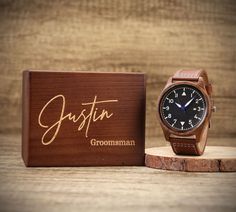 *A great groomsmen gifts / groomsmen proposal gifts / men's gift *Each watch can be customized on the back that makes it a perfect and unique gift for your loved ones. *Personalized walnut wood date watch with Japanese quartz movement *Made of real natural walnut wood; smooth finish; light weight *Each watch will come in a velvet pouch but you can choose to pay a little more for an engraved wooden box Unique groomsman gifts are available in my store.  Please check out below links. 🎁GROOMSMAN WA Brown Rectangular Dial Watch Accessories For Gifts, Groomsmen Proposal Watch, Brown Chronometer Watch For Gift, Engraved Brown Watches For Gift, Personalized Watch Box For Men, Groomsmen Watches, Groomsmen Gifts Unique, Groomsmen Proposal Gifts, Wedding Sunglasses