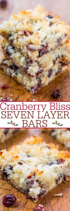 cranberry bliss seven layer bars on a cutting board