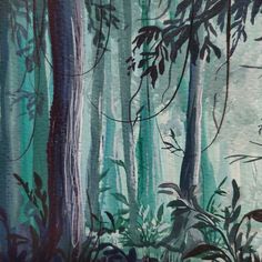 an oil painting of trees and plants in the woods