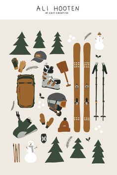 an illustration of backcountry ski gear including skis, ski boots, mittens, skins, beacon, shovel, probe, and more Ski Pattern Illustration, Ski Design Graphic, Snowboarding Illustration, Ski Club Logo, Gear Illustration, Middle School Decor, Skiing Illustration, Ski Illustration, Art For Babies