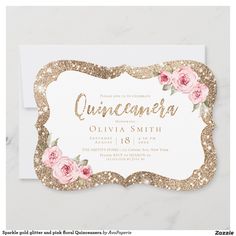 a pink rose and gold glitter birthday party card with the words quinceniera on it