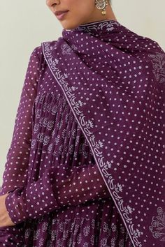 Purple anarkali with dot and floral block printed alternate tiered panels. Comes with churidar and dupatta. - Aza Fashions Traditional Cotton Silk Churidar With Sheer Dupatta, Mulmul Dupatta With Dabka Work In Traditional Drape, Anarkali Lehenga With Dupatta In Mulmul, Anarkali Style Saree With Dupatta For Eid, Sheer Mulmul Dupatta For Navratri, Anarkali Style Mulmul Dupatta For Festivals, Purple Dabka Work Dupatta For Navratri, Navratri Sheer Dupatta In Mulmul, Festival Anarkali Style Mulmul Dupatta