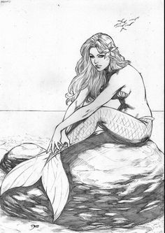 a pencil drawing of a mermaid sitting on a rock