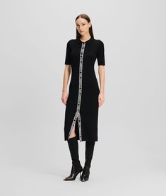 A preppy collar adds a touch of sophistication to this casual-cool knitted dress. Eye-catching KARL LAGERFELD logo tape running down the center front complete the fitted silhouette with a contemporary twist. Heel Accessories, Timeless Dress, Blouse Jeans, Rock Chic, Knitted Dress, Sleepwear & Loungewear, Boot Accessories, Scarf Hat, Backpack Travel Bag