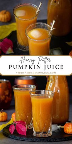 Easy Pumpkin Juice in two glasses. Vegan Harry Potter, Pumpkin Juice Recipe, Pumpkin Apple Cider, Harry Potter Feast, Harry Potter Drinks, Harry Potter Pumpkin, Vegan Halloween Food, Halloween Breakfast, Pumpkin Juice