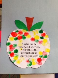 a paper plate with an apple on it that says apples can be yellow, red or green aren't these the prettiest apples you've ever seen?