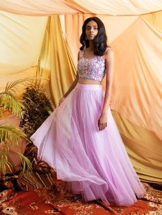 Lavender Hand Embroidered Blouse In Sequins With Tulle Skirt  By Shrena Hirawat now available at Trendroots Ruffle Dupatta, Hand Embroidered Blouse, Simple Lehenga, Desi Wedding Dresses, Crop Top Designs, Net Lehenga, Skirt Fabric, Net Dupatta, Steam Iron