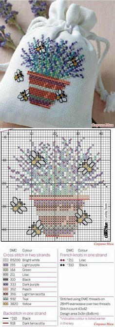 a cross stitch bag with flowers in it and instructions to make the pattern on it