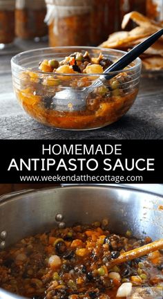 homemade antipasto sauce in a bowl with spoons