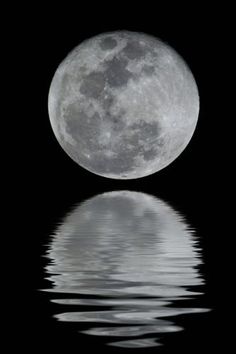 the full moon reflecting in water on a black background with reflection from it's surface