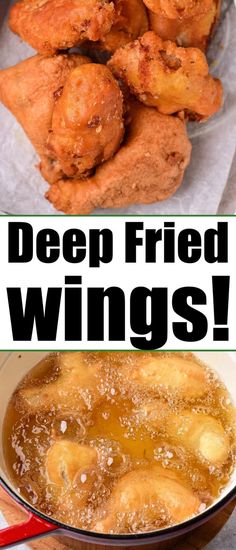 deep fried wings in a bowl with dipping sauce on the side and text overlay that reads deep fried wings