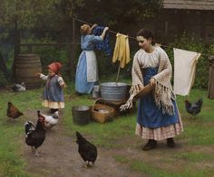 a painting of women washing clothes on a line with chickens and roosters in the yard