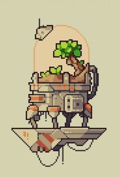 an old pixel art style illustration of a plant on top of a spaceship with the earth in