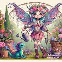 a painting of a fairy with flowers and plants in her hands, holding a watering can