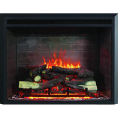 an electric fireplace with flames and logs