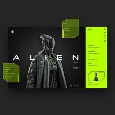 the front and back side of an alien brochure with green accents on it