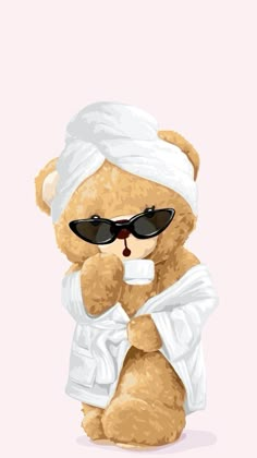 a brown teddy bear wearing sunglasses and a white towel on its head, sitting in front of a pink background