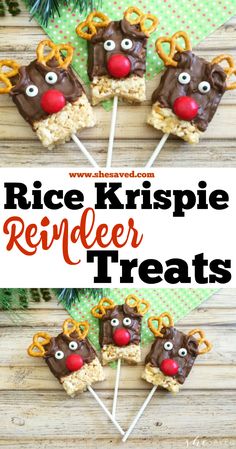 rice krispie reindeer treats on sticks with pretzels and pretzels in the middle