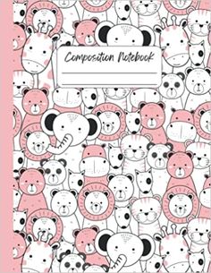 the composition notebook is filled with pink and black bears, which are all grouped together