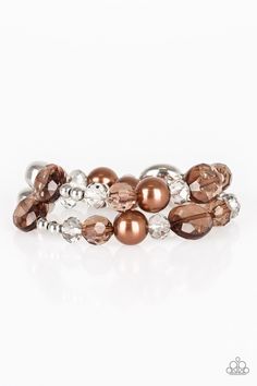 An array of brown pearls, shiny silver beads, and brown crystal-like beads are threaded along stretchy bands around the wrist for a refined look.

 Sold as one set of two bracelets. Bedazzled Jewelry, Brown Pearls, Brown Bracelet, Paparazzi Accessories, Exclusive Jewelry, Stretchy Bracelets, Paparazzi Jewelry, One Set, Beaded Stretch Bracelet