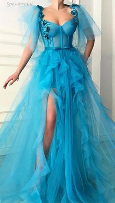 Ocean Blue Sweetheart Ruffle Side-slit A-line Long Tulle Prom Dress Go – SposaBridal #prom #promdress #promdresses #2022prom #eveningdresses #eveningdress #vestidosdebaile #pageantdress #pageantdresses #partydress #partygown #partydresses #ballgown #pageantdress #pageantdresses #longpromdresses #sparklypromdresses #charmingpromdresses #bestpromdresses Prom Dress Gown, Purple Flower Girl Dress, Purple Girls Dress, Trendy Prom Dresses, Sparkly Prom Dresses, Best Prom Dresses, Prom Dresses Gowns, Theme Dress, Elegant Prom Dresses