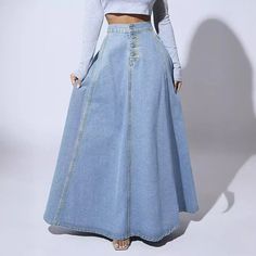 Lasaky - Vintage High-Waisted Denim Skirt with Stylish Single-Breasted Button Closure High Waisted Denim Skirt, Swing Design, Retro Mode, Jeans Rock, Light Blue Color, Retro Stil, Colored Denim, Types Of Skirts, High Waisted Denim