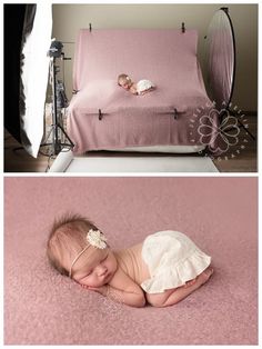 two photos of a baby sleeping on top of a pink blanket next to an image of a crib