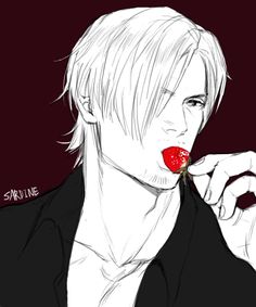 a drawing of a man with white hair and red lips holding a strawberry in his mouth