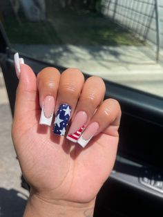 4th Of July Nail Designs Aesthetic, Forth Of July Summer Nails, Nail Ideas Acrylic 4th Of July, Forth Of July Nails Coffin, 4th Of July Nail Designs Square, America French Tip Nails, Red White And Blue Nails Square, Nails Acrylic Fourth Of July, 4th Of July Coffin Nails