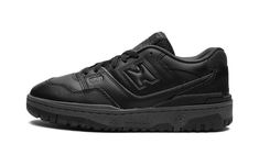 The New Balance 550 GS “Triple Black” is the youth sizing of the retro basketball shoe in a monochromatic black colorway.  The “Triple Black” 550 for kids features an all-black leather upper with tonal leather overlays.  Black “N” branding appears on the side and black “550” insignia is embroidered on the lateral side of the forefoot.  Black “NB” detailing is seen on the heel.  To complete the all-black design, the shoe has black “New Balance 550” branding on the tongue and a black rubber sole. New Balance 550 Full Black, New Balance Shoes 550 Black, All Black New Balance, New Balance 550 Black, Black New Balance Shoes, Kids New Balance, Black New Balance, New Balance Kids, Balance 550