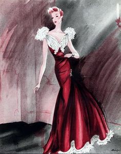 Jean Patou evening gown illustrated by Leon Benigni, 1941 Divine Fashion, Jean Patou, Fashion Artwork, Jeanne Lanvin, Fashion Sketch, French Fashion Designers, Fashion Illustration Sketches