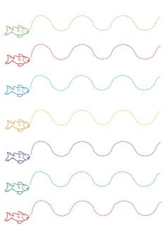 the fish are lined up in different colors and sizes, with one line going through them