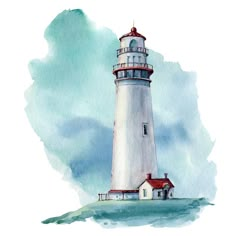 a watercolor painting of a lighthouse in the ocean