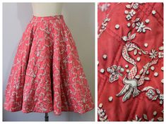 50s Circle Skirt / Vintage 1950s Alex Coleman California Quilted Pink Red Dove Ribbon Rhinestone Print FULL Circle Skirt  Gorgeous Collectible Skirt Alex Coleman of California.     This is a quilted fabric with Doves and Bows in a pinkish red color. ALSO there are set rhinestones placed here and there all over it. Make sure to Favorite our Store and check back for new items Excellent Condition.     One tiny fix shown in the last photo.  Size:   US 0 2 4  Waist:  Will fit 23, 24, 25 inches and a Vintage Circle Skirt, Vintage Red Party Skirt, Vintage Red Skirt For Party, Tiered Tulle Wedding Dress, Crinoline Skirt, Patio Dress, Wedding Skirt, Red Quilts, Pinkish Red