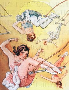 a drawing of two women in different positions with ropes and scissors on the wall behind them