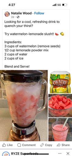 a blender filled with watermelon next to other pictures and instructions on how to use it